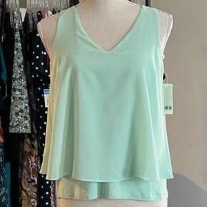 Bar III Sleeveless Top XS Mint Green Layered Chiffon Split Back with Stretch NWT